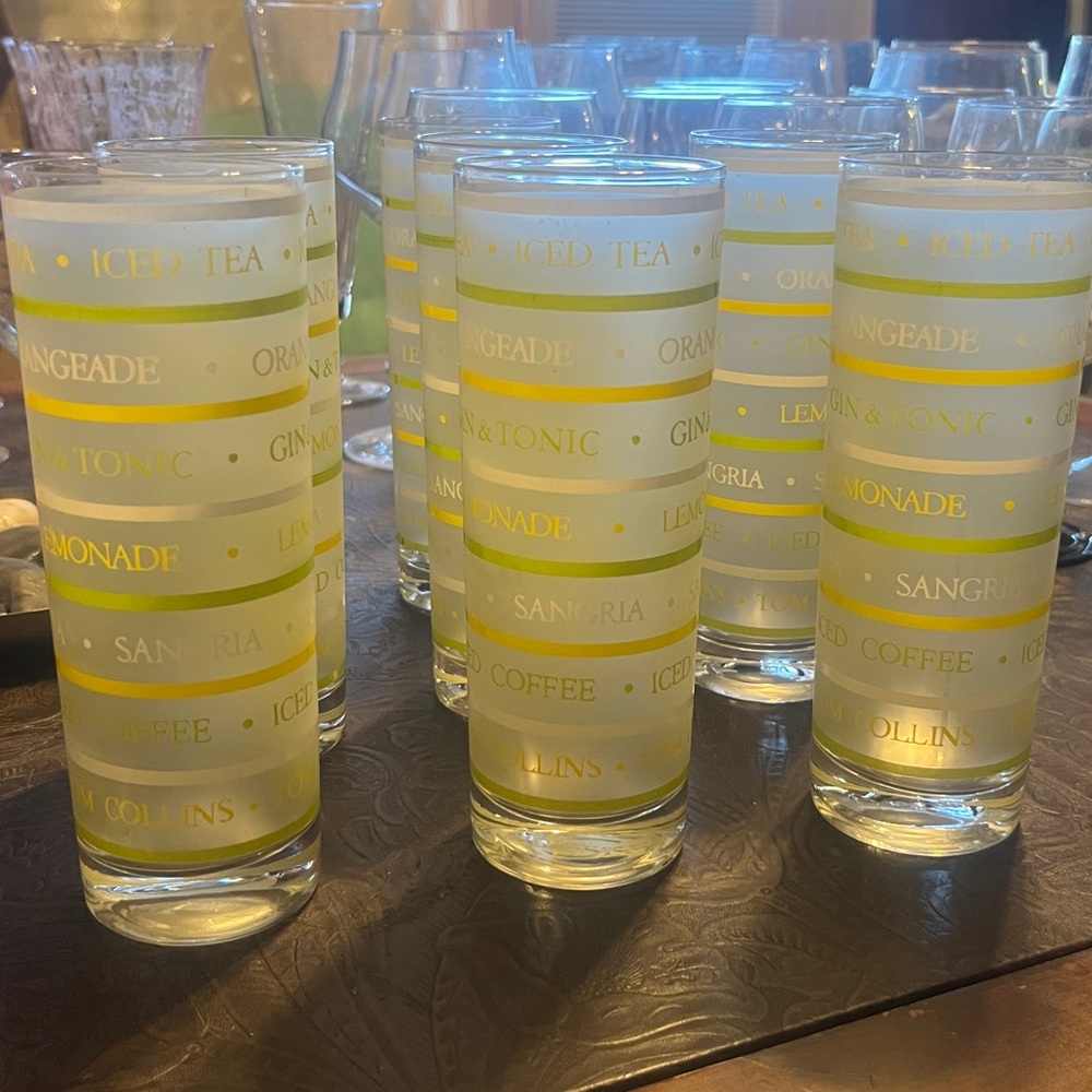 *VINTAGE* Frosted Glass Tumbler Set with Yellow & Green Accents Set of 7